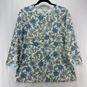 Lands' End Top Womens Sz M/L 10-12 Floral 3/4 Sleeve Stretch Nylon Blend Blue